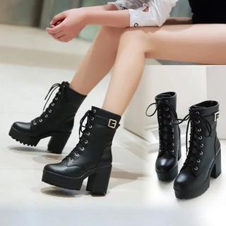 Block Heel Lace Up Mid-calf Boots