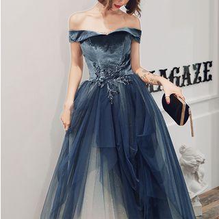 Glitter Leaf Embroidered Off-shoulder A-line Evening Gown