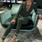Long-sleeve Strappy Plunge Fitted Jumpsuit