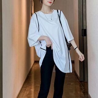 Set: Elbow-sleeve Contrast Trim T-shirt + Cropped Skinny Pants