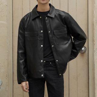 Snap-button Dual-pocket Pleather Jacket