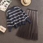 Set: Striped Sweater + Midi A-line Skirt Set Of 2 - Sweater - Blue - One Size / Dress - Coffee - One Size