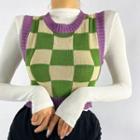 Contrast-trim Plaid Crop Knit Vest Green - One Size