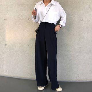 Plain Long-sleeve Shirt / Wide-leg Dress Pants