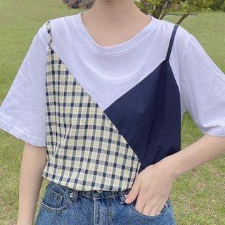 Short-sleeve Plaid Panel Mock Two Piece Top