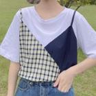 Short-sleeve Plaid Panel Mock Two Piece Top