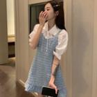 Puff-sleeve Peter Pan-collar Blouse / Spaghetti Strap Ruffle Hem Denim Mini A-line Dress