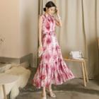Set: Print Sleeveless A-line Maxi Dress + Slipdress