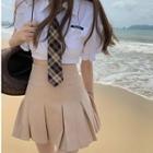 Cropped Blouse With Necktie / Pleated Mini A-line Skirt