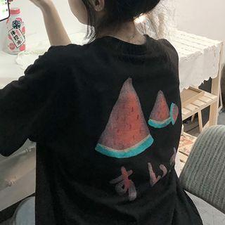 Elbow-sleeve Watermelon Print T-shirt