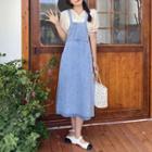 Puff-sleeve Lace Blouse / Denim Midi A-line Overall Dress