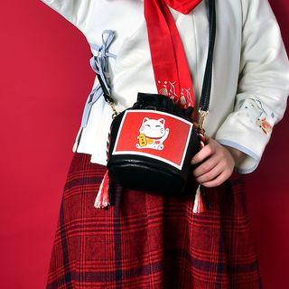 Cat Applique Faux Leather Bucket Bag Black - One Size