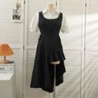 Set: Puff-sleeve Shirt + Asymemtrical Tie-waist Midi Tank Dress Black - One Size