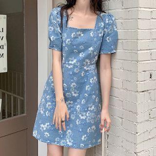 Puff-sleeve Square-neck Floral Denim Dress