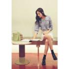 Wide-collar Puff-sleeve Linen Blend Top