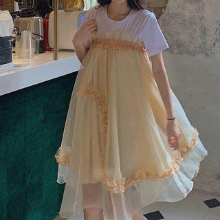 Short-sleeve Plain T-shirt / Ruffle Trim Sheer Midi Dress