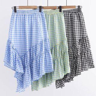 Ruffle Hem Asymmetrical Gingham A-line Skirt
