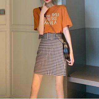 Set: Short-sleeve Lettering T-shirt + Gingham Mini Skirt