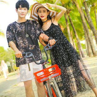 Couple Matching Printed Short-sleeve T-shirt / Midi Spaghetti Strap Dress