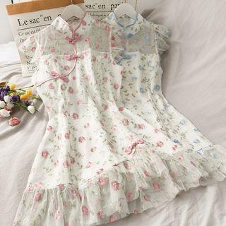 Frog-button Embroidered Mesh Qipao Dress