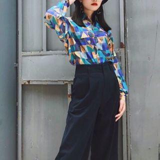 Long-sleeve Patterned Shirt Geometric Patterns - Blue & Yellow - One Size