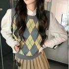 Puff-sleeve Blouse / Argyle Sweater Vest