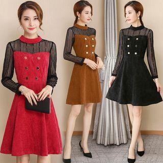 Long-sleeve Lace Panel Corduroy A-line Dress