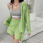 Long-sleeve Houndstooth Shirt / High-waist Wide-leg Shorts