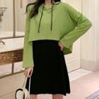 Set: Plain Sleeveless Dress + Hooded Long-sleeve T-shirt Dresss - Green - One Size / T-shirt - Black - One Size