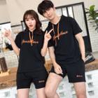 Couple Matching Set: Short-sleeve Lettering Hoodie + Shorts