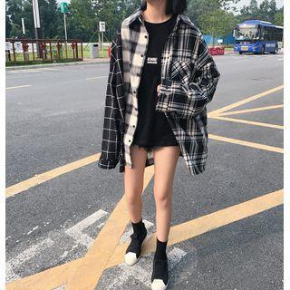 Color-block Plaid Button-up Oversize Shirt Shirt - One Size