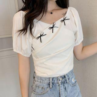Ribbon Puff-sleeve Chiffon Top