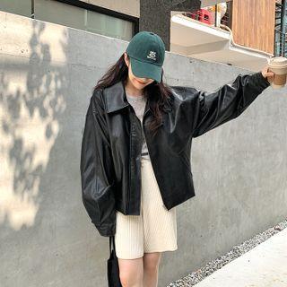 Collared Zip-up Faux-leather Jacket