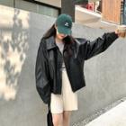 Collared Zip-up Faux-leather Jacket