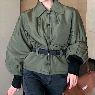 Collared Single-breasted Jacket Dark Green - One Size