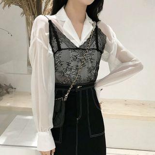 Notch Lapel Sheer Shirt / Cropped Lace Cami Top