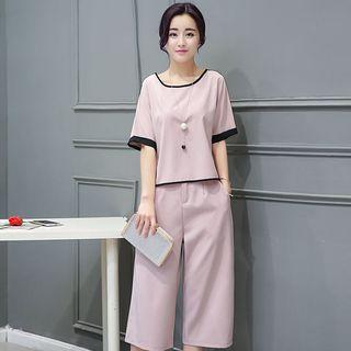 Set: Short-sleeeve Contrast-trim Top + Wide-leg Cropped Pants