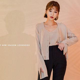 Set: Dip-back Wool Blend Cardigan + Sleeveless Knit Top