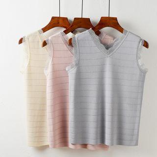 Sleeveless Striped Lace Trim Knit Top
