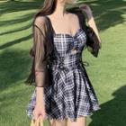 Set: Plaid Lace-up Swimdress + Beach Coverup Jacket
