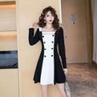 Long-sleeve Double Breasted Two Tone Mini Dress