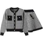 Set: Pattern Cardigan + A-line Knit Skirt Cardigan - Black - One Size / Skirt - Black - One Size