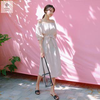 Off-shoulder 3/4-sleeve Tie-waist Midi Dress