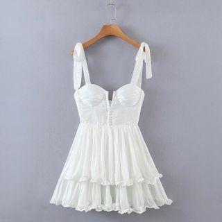 Tie-shoulder Ruffle-trim Strappy Mini A-line Dress