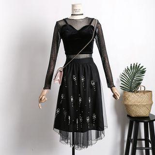 Set: Glitter Sheer Top + Velvet Tube Top + Mesh Skirt