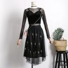 Set: Glitter Sheer Top + Velvet Tube Top + Mesh Skirt