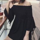 Shirred Off-shoulder Bell-sleeve Chiffon Top