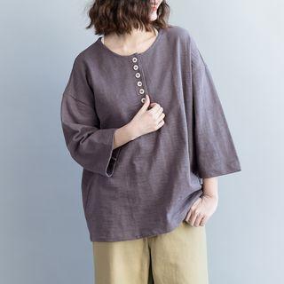 3/4-sleeve Button-detail T-shirt Gray - One Size