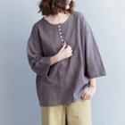 3/4-sleeve Button-detail T-shirt Gray - One Size