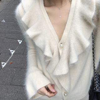 Plain Single-breasted Ruffled-trim Long-sleeve Cardigan